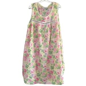 Character Pink Rose Floral Yellow Seersucker Lace Trim Nightgown Womens 1X boho